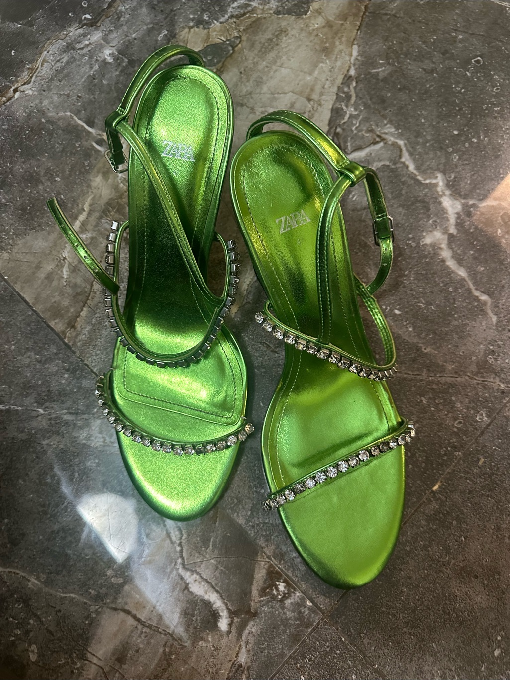 Zara Metallic Lime Green CrystalStrap Sandals